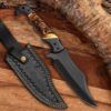 Handmade hunting knife with leather sheath and carbon steel blade on wooden background