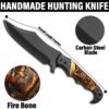 Handmade hunting knife with carbon steel blade and fire bone handle showing 9 inch overall length