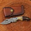 Handmade Damascus Folding Pocket Knife – Camel Bone & Rosewood Handle EDC Knife – Custom Hunting Knife Gift for Men
