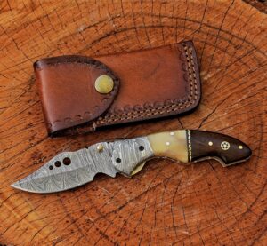 Handmade Damascus Folding Pocket Knife – Camel Bone & Rosewood Handle EDC Knife – Custom Hunting Knife Gift for Men