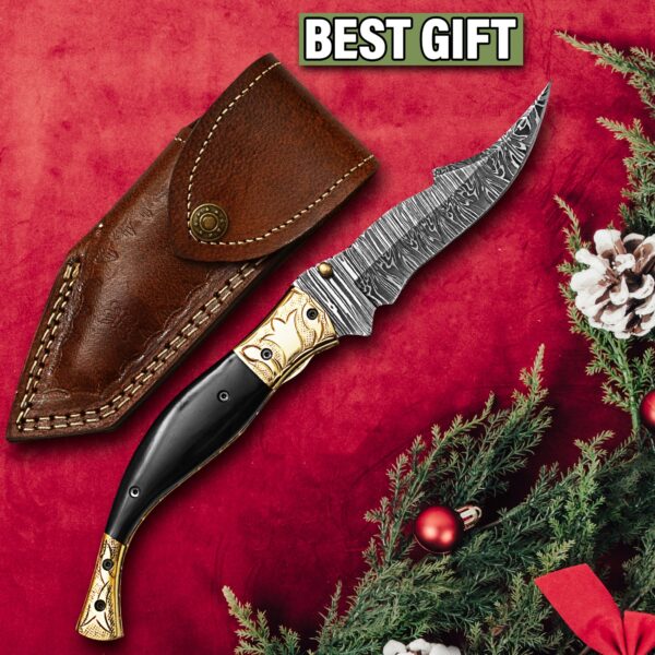Handmade Damascus Folding Pocket Knife – Black Horn Handle EDC Knife – Brass Bolster Hunting Knife – Custom Damascus Gift for Men