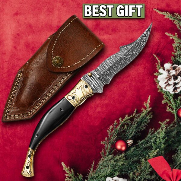 Damascus folding knife with leather sheath displayed as the perfect gift for men.