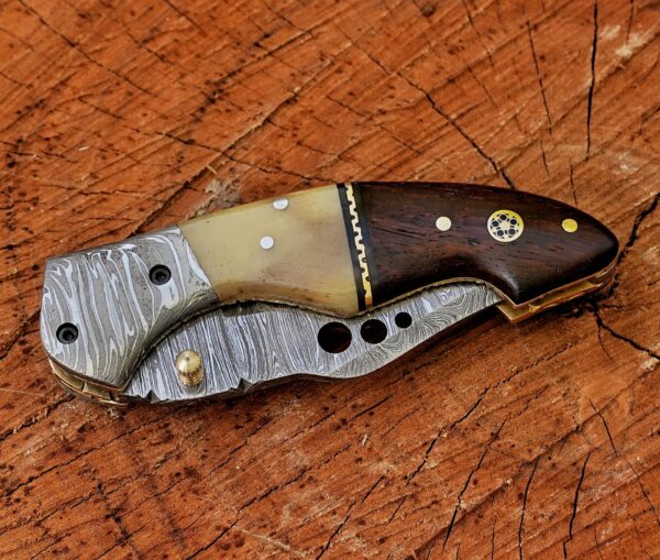 Handmade Damascus Folding Pocket Knife – Camel Bone & Rosewood Handle EDC Knife – Custom Hunting Knife Gift for Men