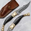 Handmade Damascus steel folding knife with black horn handle and genuine leather sheath, gift for him.
