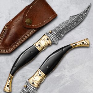 Handmade Damascus Folding Pocket Knife – Black Horn Handle EDC Knife – Brass Bolster Hunting Knife – Custom Damascus Gift for Men