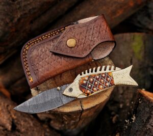 Custom Handmade Damascus Folding Tool, Fish Shape Pocket Companion, Camel Bone Handle, Engraved Brass Bolster, Rustic Outdoor Gift, Groomsmen Present, Collector Piece