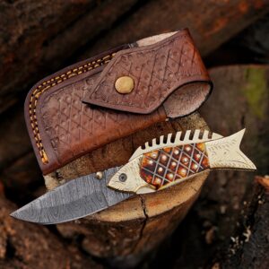Custom Handmade Damascus Folding Tool, Fish Shape Pocket Companion, Camel Bone Handle, Engraved Brass Bolster, Rustic Outdoor Gift, Groomsmen Present, Collector Piece