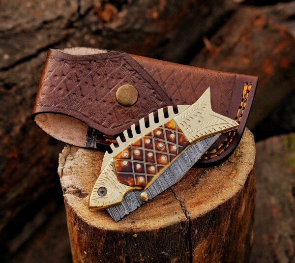 Custom Handmade Damascus Folding Tool, Fish Shape Pocket Companion, Camel Bone Handle, Engraved Brass Bolster, Rustic Outdoor Gift, Groomsmen Present, Collector Piece