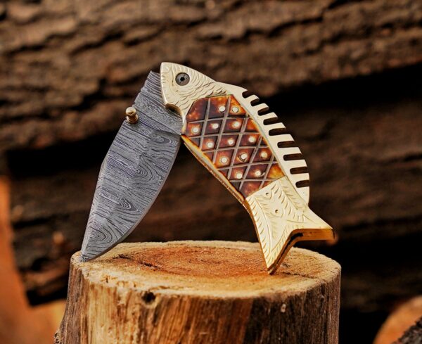 Custom Handmade Damascus Folding Tool, Fish Shape Pocket Companion, Camel Bone Handle, Engraved Brass Bolster, Rustic Outdoor Gift, Groomsmen Present, Collector Piece