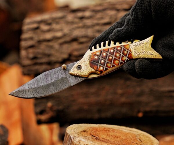 Custom Handmade Damascus Folding Tool, Fish Shape Pocket Companion, Camel Bone Handle, Engraved Brass Bolster, Rustic Outdoor Gift, Groomsmen Present, Collector Piece