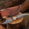 Damascus steel folding pocket knife with genuine leather sheath, Father's Day gift for men.