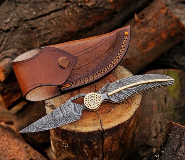 Damascus steel folding pocket knife with genuine leather sheath, Father's Day gift for men.