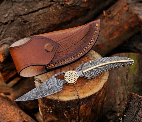 9 Inch Handmade Damascus Leaf Folding Knife – Brass Bolster Pocket Knife with Leather Sheath – Custom EDC Hunting Gift for Men