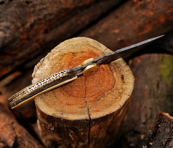 9 Inch Handmade Damascus Leaf Folding Knife – Brass Bolster Pocket Knife with Leather Sheath – Custom EDC Hunting Gift for Men