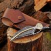 9 Inch Handmade Damascus Leaf Folding Knife – Brass Bolster Pocket Knife with Leather Sheath – Custom EDC Hunting Gift for Men