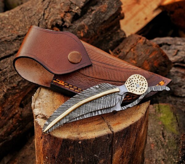 9 Inch Handmade Damascus Leaf Folding Knife – Brass Bolster Pocket Knife with Leather Sheath – Custom EDC Hunting Gift for Men