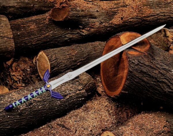Hand forged Zelda Master Sword replica displayed outdoors