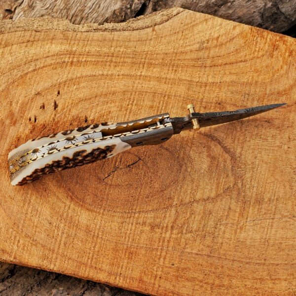 Handmade Damascus Folding Pocket Knife – Natural Stag Horn Handle EDC Knife – Damascus Bolster Hunting Knife – 7 Inch Custom Gift for Men