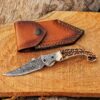 Handmade Damascus Folding Pocket Knife – Natural Stag Horn Handle EDC Knife – Damascus Bolster Hunting Knife – 7 Inch Custom Gift for Men