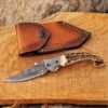 Damascus steel folding pocket knife with genuine leather sheath, Father's Day gift.