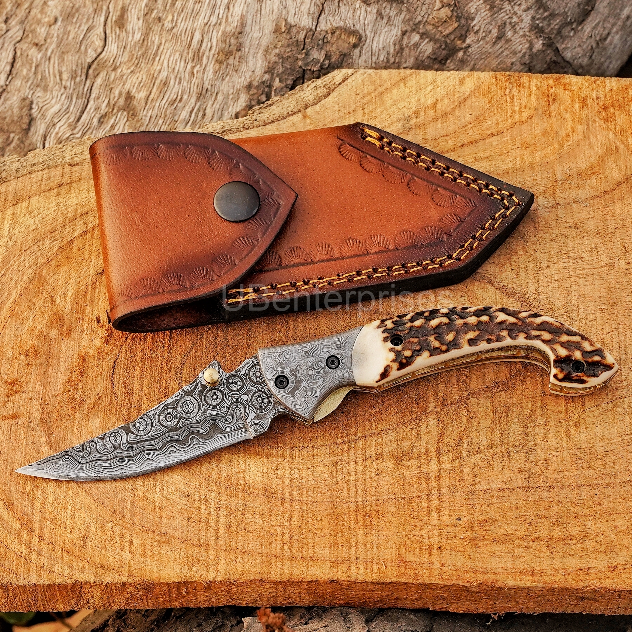 Handmade Damascus Folding Pocket Knife – Natural Stag Horn Handle EDC Knife – Damascus Bolster Hunting Knife – 7 Inch Custom Gift for Men