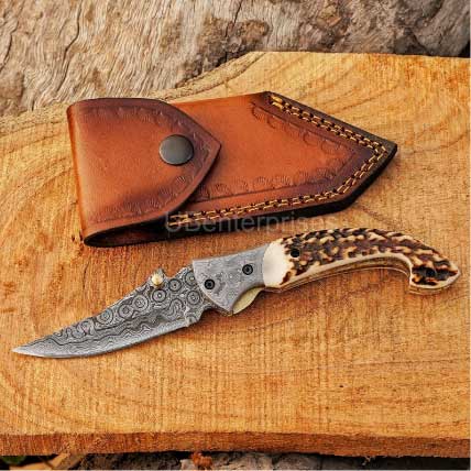 Damascus steel folding pocket knife with genuine leather sheath, Father's Day gift.