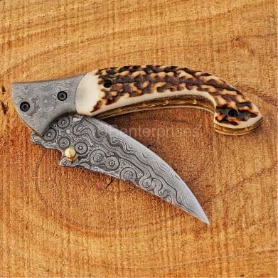 Closed Damascus folding pocket knife with stag horn handle, birthday gift for men.