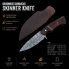 Handmade Damascus skinner knife with leather sheath product specification display