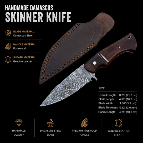 Handmade Damascus skinner knife with leather sheath product specification display