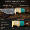 Custom Damascus knife product specification display with leather sheath