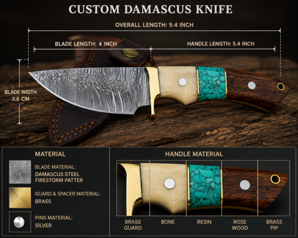 Custom Damascus knife product specification display with leather sheath