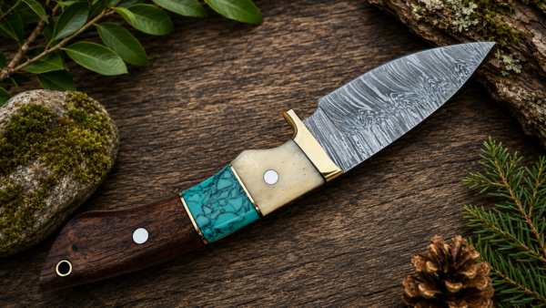 Handmade Damascus hunting knife displayed on wooden surface with greenery