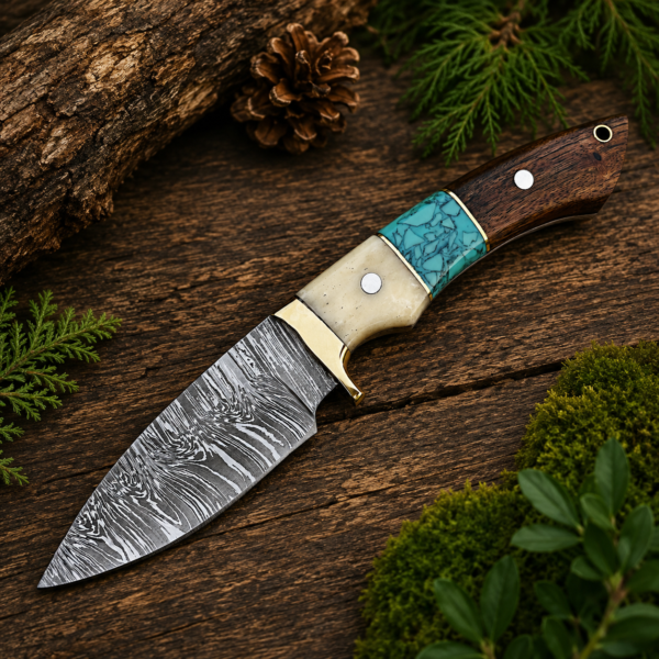 Custom Damascus knife with turquoise resin and rosewood handle on rustic background