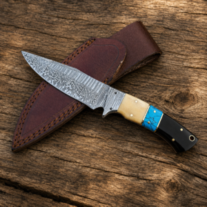 Premium Damascus skinner knife with leather sheath for hunting and camping
