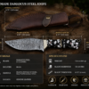 Handmade Damascus steel knife product specification display with leather sheath