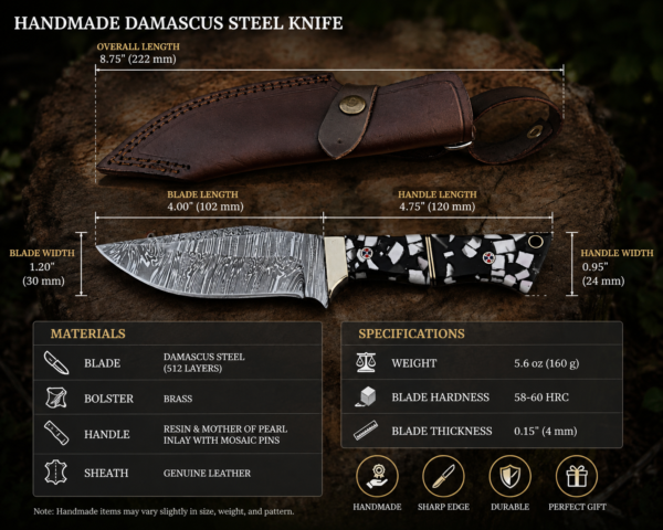 Handmade Damascus steel knife product specification display with leather sheath