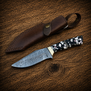 Handmade Damascus Steel Knife – Custom Hunting Knife with Resin & Mother of Pearl Handle | Gift for Him, Men Gift, Anniversary Gift