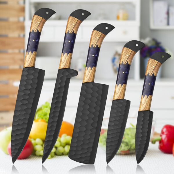 Handmade J2 Steel 5 Piece Chef Knife Set – Black Powder Coated Diamond Forged Kitchen Knives with Resin & Wood Handles