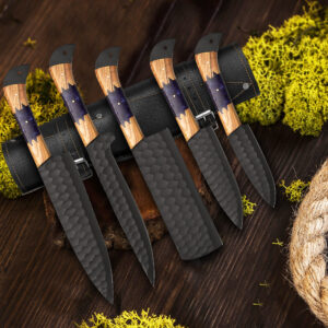 Handmade J2 Steel 5 Piece Chef Knife Set – Black Powder Coated Diamond Forged Kitchen Knives with Resin & Wood Handles