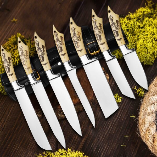 Handmade 7-piece chef knife set with leather knife roll, premium kitchen knife collection, gift for chef.