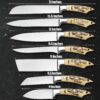 7-piece chef knife set size chart showing bread knife, chef knife, slicing knife, utility knife, cleaver, santoku, and paring knife.
