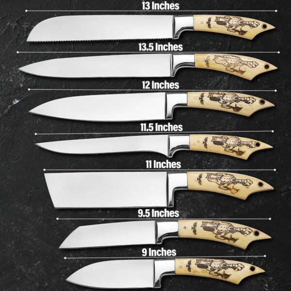 7-piece chef knife set size chart showing bread knife, chef knife, slicing knife, utility knife, cleaver, santoku, and paring knife.