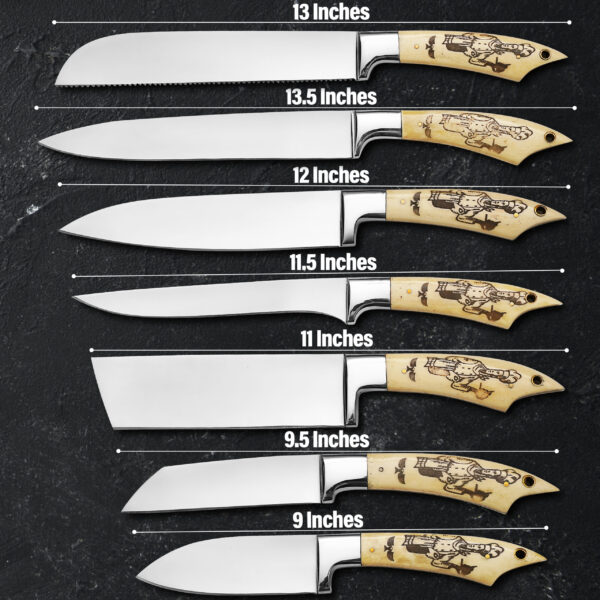 Handmade J2 Steel 7 Piece Chef Knife Set – Professional Kitchen Knives with Engraved Bone Handles – Custom Cooking Gift Set