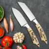 Handmade chef knives for cutting vegetables, garlic, tomatoes, and herbs.
