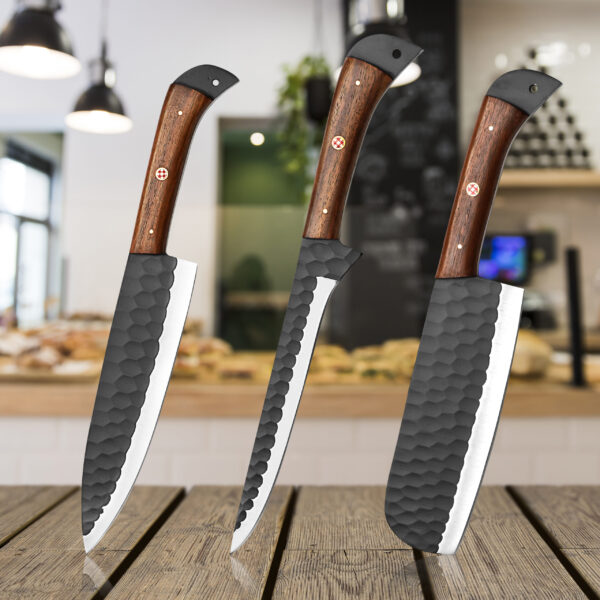 Handmade J2 Steel 3 Piece Chef Knife Set – Black Powder Coated Diamond Forged Kitchen Knives with Wood Handles