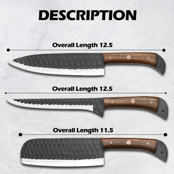 Handmade J2 Steel 3 Piece Chef Knife Set – Black Powder Coated Diamond Forged Kitchen Knives with Wood Handles