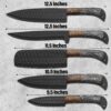 5-piece handmade black forged chef knife set with size guide showing chef knife, slicing knife, cleaver, utility knife, and paring knife. Premium kitchen knives, gift for him, Father's Day, anniversary, wedding, and Christmas gift.