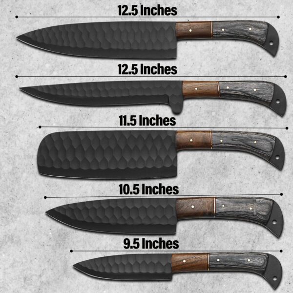5-piece handmade black forged chef knife set with size guide showing chef knife, slicing knife, cleaver, utility knife, and paring knife. Premium kitchen knives, gift for him, Father's Day, anniversary, wedding, and Christmas gift.