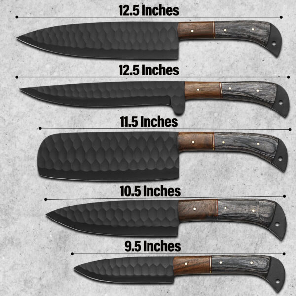 Handmade J2 Steel Chef Knife Set – Black Powder Coated Diamond Forged Kitchen Knives – 5 Piece Professional Cooking Knife Set