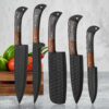 Professional 5-piece handmade black forged chef knife set displayed with vegetables. Premium kitchen knife collection, gift for him, anniversary gift, wedding gift, Father's Day, Christmas, and housewarming.